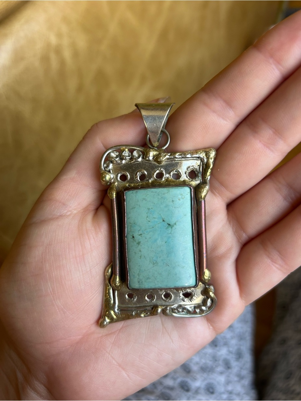 Turquoise Rectangular Stone Pendant Necklace – Silver and Gold Tone Frame